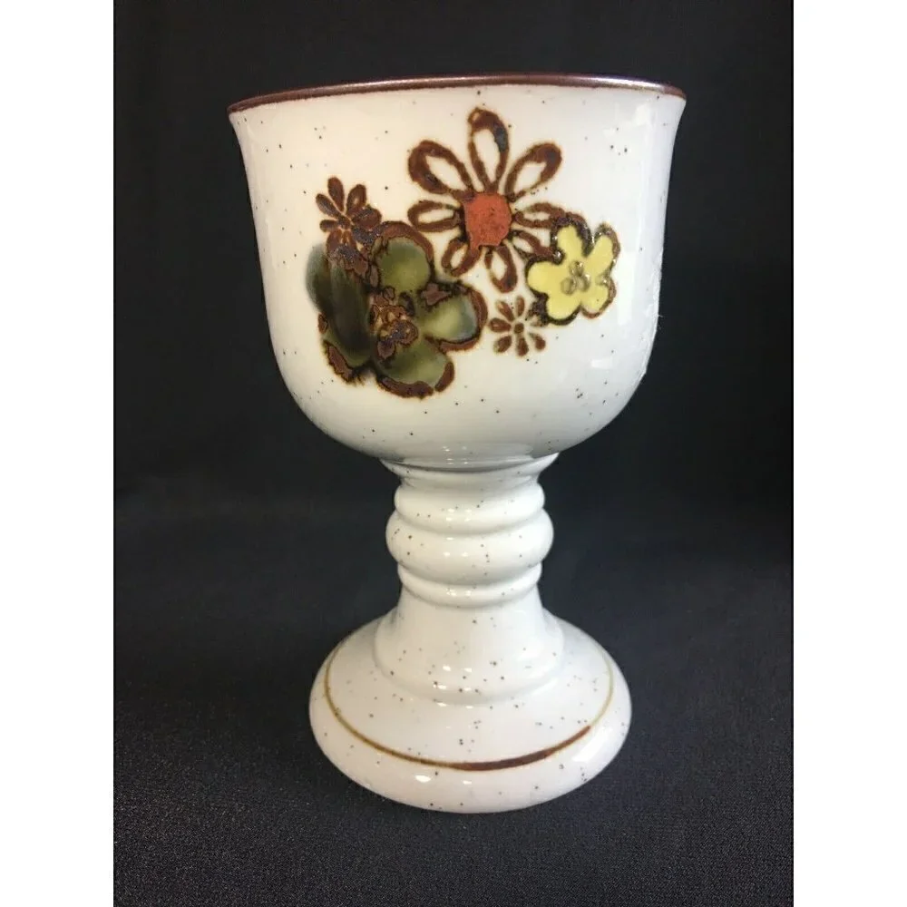 Vintage Otagiri Stoneware Goblets Wine Chalice Pansy Floral Ceramic Speckled